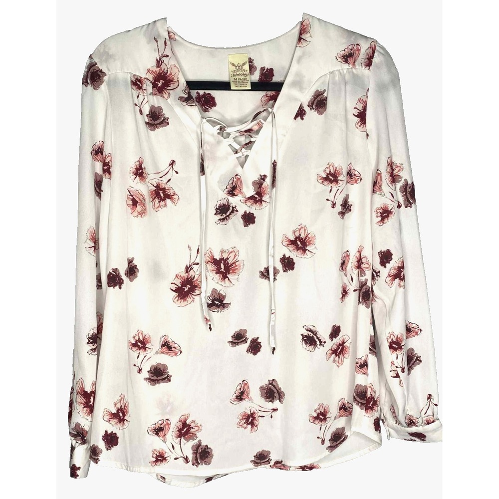 Women's blouse floral pink white size medium glitter romantic fairy semi-sheer‎